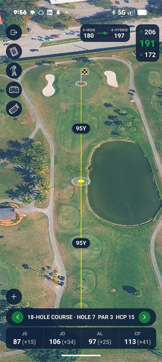 Round map of hole 7 with a club recommendation between a 6-iron at 180 yards and a 4-hybrid at 197 yards.