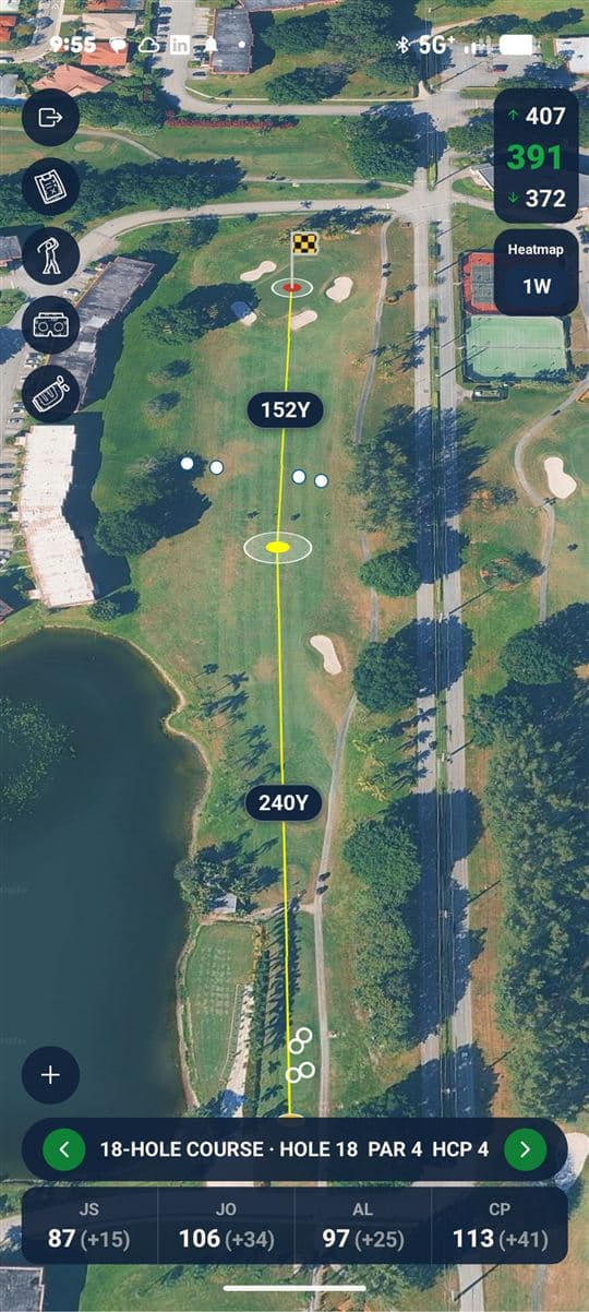 Round map of hole 18 with a driver landing zone heatmap showing where past tee shots finished.
