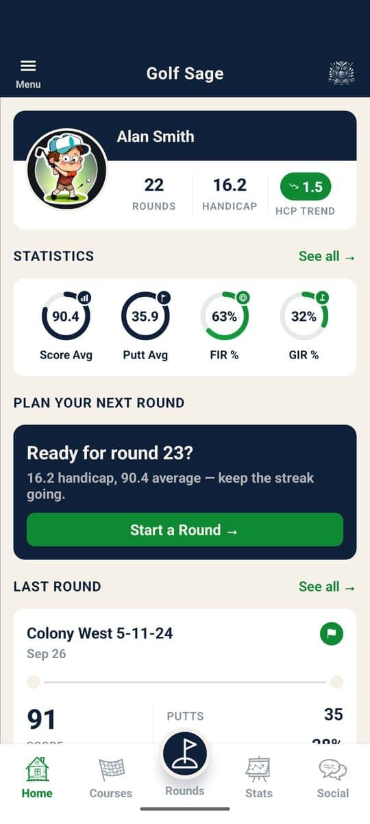 Golf Sage Home screen with a player's rounds and handicap, statistics rings for score average, putts, fairways and greens in regulation, a Start a Round button and the last round.