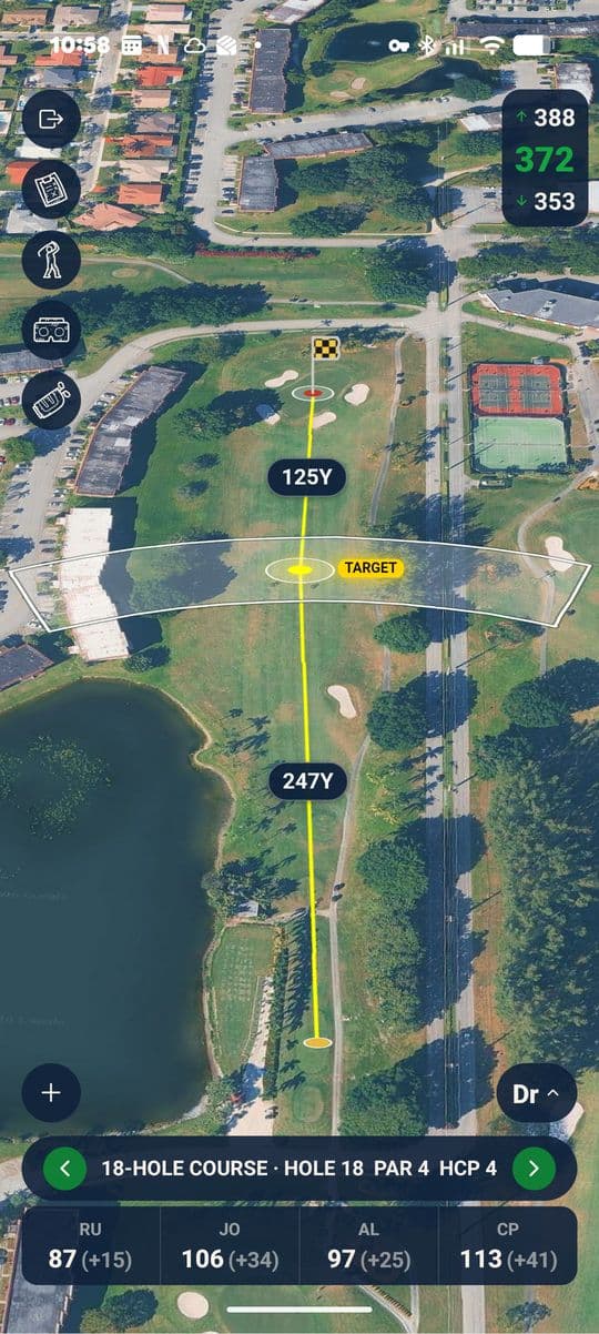 Round map of hole 18 with a shaded landing zone band across the fairway, a TARGET marker and distances of 125 and 247 yards.