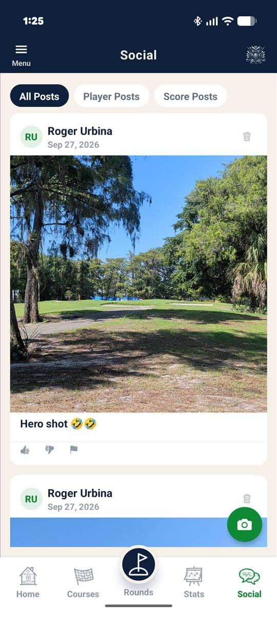 Golf Sage Social tab with a player's photo post from the course, a caption, and like, dislike and flag buttons.
