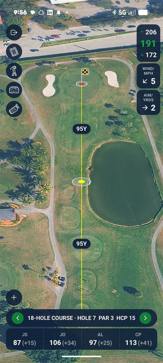 Round map of hole 7 showing wind at 5 mph and an aim call of 2 yards to the right.