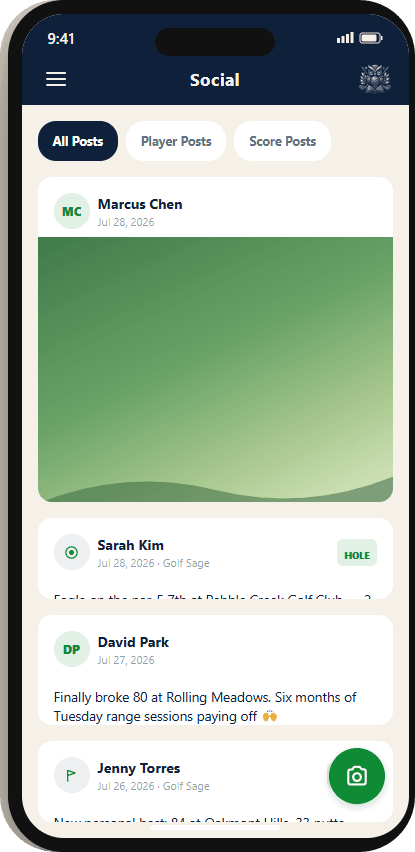 Golf Sage social feed showing round highlights, achievement posts, and player updates
