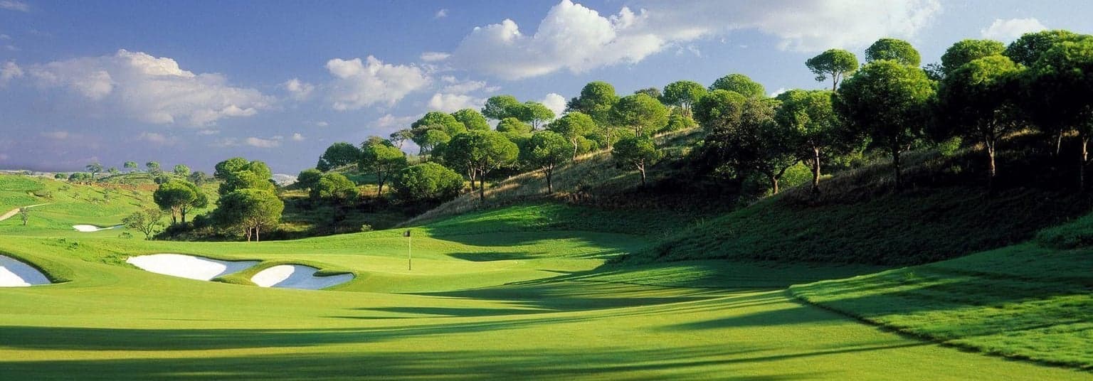 Aerial view of a lush golf course fairway and green